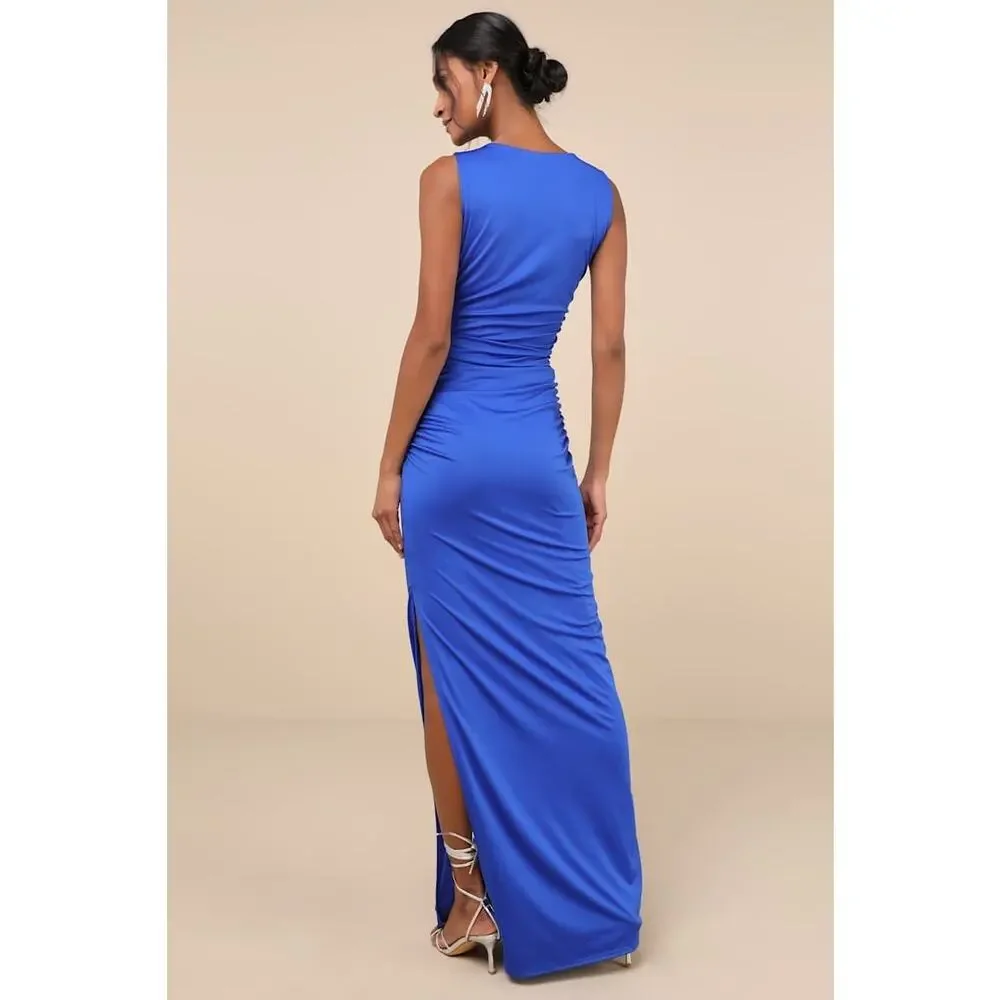 NWT Lulus Enticing Darling Royal Blue Asymmetrical Ruched Maxi Dress Gala Sz XS